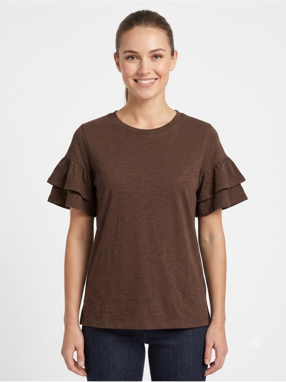 100% Linen Ruffle Sleeve Shirt - Brown